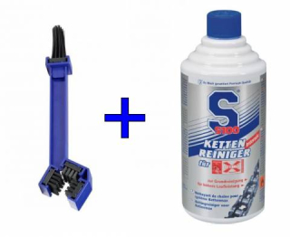 Čistící set na řetěz motocyklu kartáč a S100 čistič
